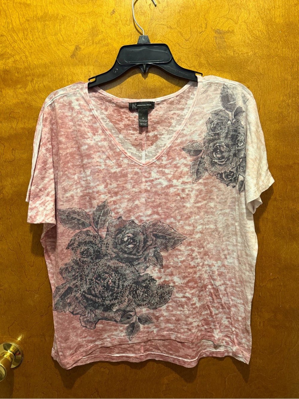 INC international concepts pink/white floral roses rhinestone blouse size M